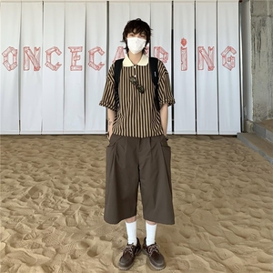 日系复古白色七分裤潮牌街头夏季宽松马裤男女休闲设计感工装短裤图片