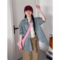 TC767-P45蓝色格子衬衫上衣女2026新款夏季薄款慵懒风，男装衬衫，星座617A-2