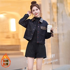 安可拉红牛仔外套女高级感撞色上衣2024秋冬加绒加厚PU皮拼接夹克，女装牛仔外套，美拉德工厂直营店