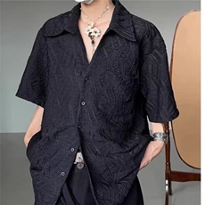 美式vibe风高级感山本耀司褶皱短袖衬衫男款古巴领薄款衬衣CD22，男装T恤，星座1116A（原606A-3）