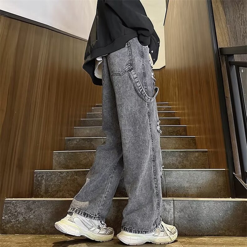 破洞牛仔裤男夏季薄款松紧腰裤子潮牌美式高街垂感阔腿裤6086/P48,男装牛仔裤,星座506