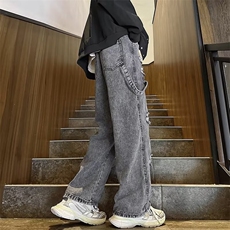 破洞牛仔裤男夏季薄款松紧腰裤子潮牌美式高街垂感阔腿裤6086/P48，男装牛仔裤，星座506