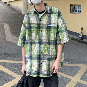 2026夏美式扎染刺绣格子短袖衬衫衬衣五分袖 CS1805/特P35 绿色7图片