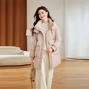 黄色连帽羽绒服女中长款2024冬季新款宽松休闲超好看白鸭绒厚外套图片