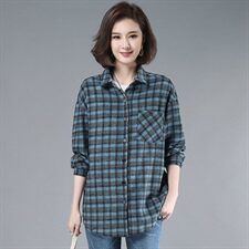 2021年春季通勤韩版格子衬衫POLO领排多扣磨毛衬衣，女装衬衫，伊满意