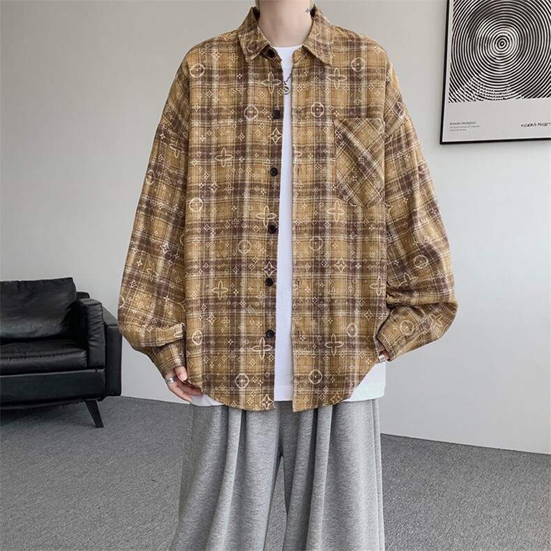 衬衫男秋季新款港风宽松大码磨毛格子扎染长袖衬衣CS506-P35,男装衬衫,星座214-3