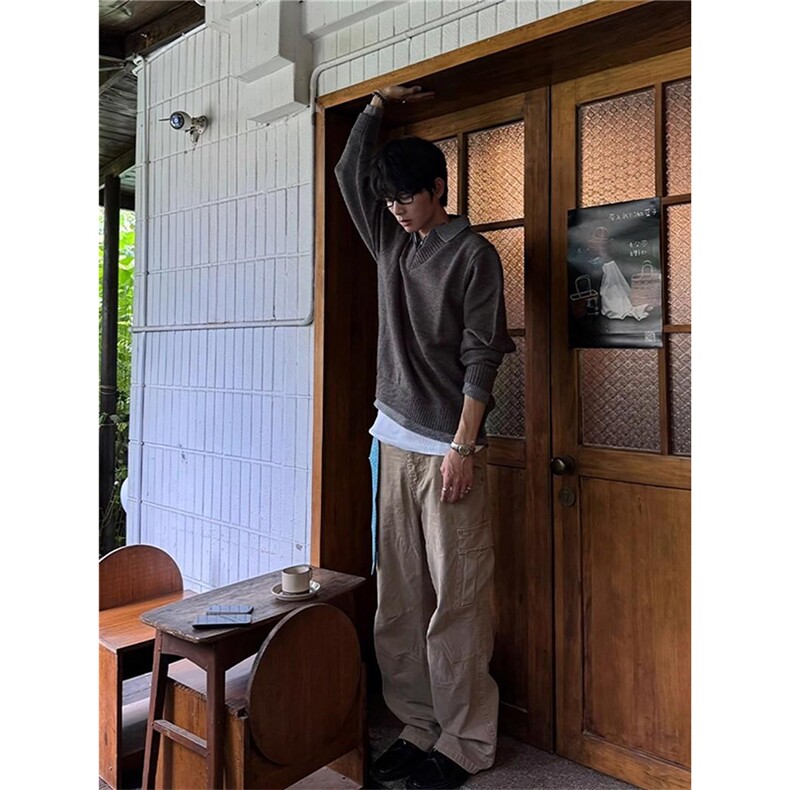 重磅北极绒假两件衬衫领毛衣美式高街复古休闲慵懒纯色翻领针织衫,男装针织衫/毛衣,电商A486-1