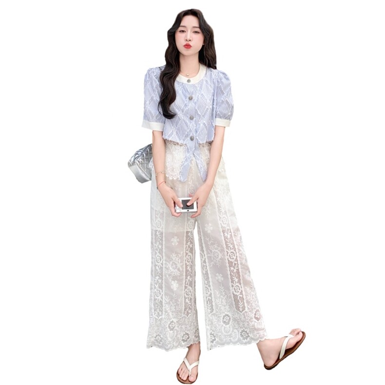 设计感小众时尚蕾丝套装女2025夏季新款短款衬衫高腰阔腿裤两件套,女装套装/套裙,2C032