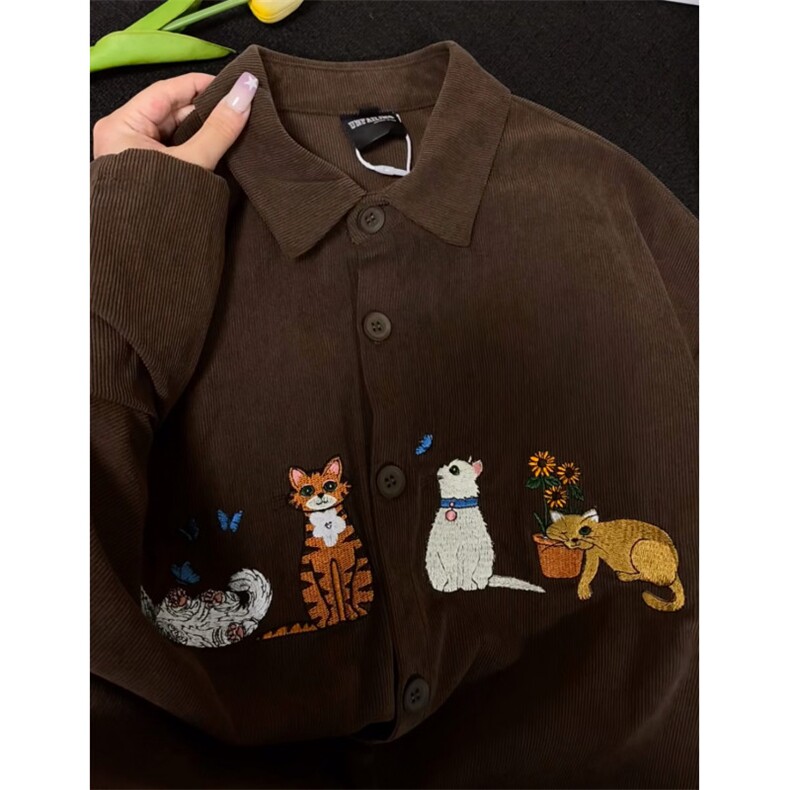 复古灯芯绒猫咪刺绣长袖衬衫男女春秋冬宽松休闲衬衣上衣外套,男装衬衫,星座601-1