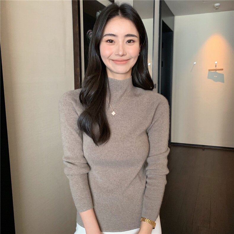 2025秋冬百搭时尚简约半高领打底修身显瘦舒适保暖打底衫,女装羊绒衫,玛卡隆羊绒