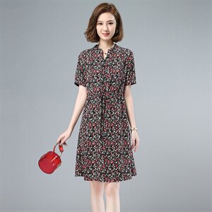 2021夏装新款碎花连衣裙半开领抽绳可调节印花中长款短袖裙子图片