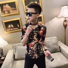 312A-901-P50新款社会小伙修身中袖衬衫英伦潮州五分袖衬衣，男装衬衫，星座312A