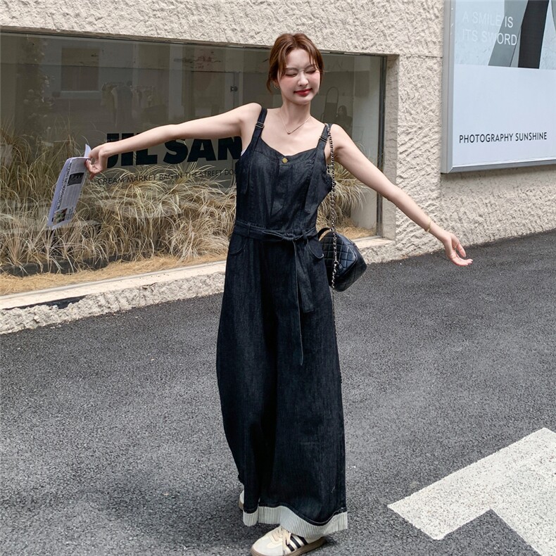 韩版复古牛仔连体裤女2025夏季新款气质时尚高级感显瘦休闲阔腿裤图片