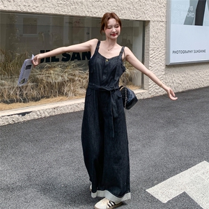 韩版复古牛仔连体裤女2025夏季新款气质时尚高级感显瘦休闲阔腿裤图片