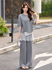 2026年夏季新款休闲圆领T屁帘阔腿裤三件套装，女装套装/套裙，艾仟回(原伊仟回)