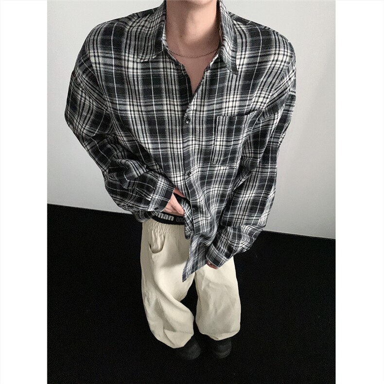 现货~格子大码长袖衬衫C5881/特P23黑格,男装衬衫,电商A094