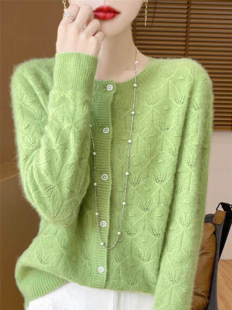 潮流羊毛25秋女圆领镂空提花长袖显瘦立体鼓包宽松法式设计上衣，女装针织衫/毛衣，昂家羊绒