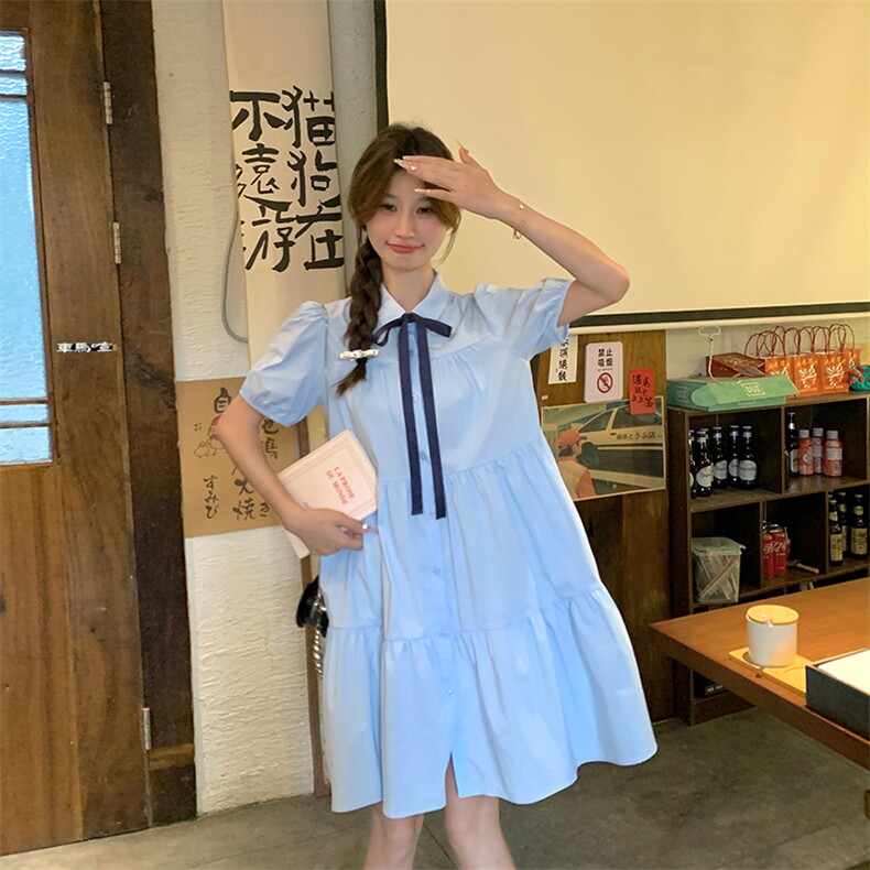 蓝色气质减龄学院风衬衫裙女中长款2024夏新款法式宽松洋气连衣裙,女装连衣裙,纯色衣恋