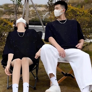黑色满天星t恤男夏季情侣短袖上衣美式潮牌宽松纯棉高级感体恤衫图片