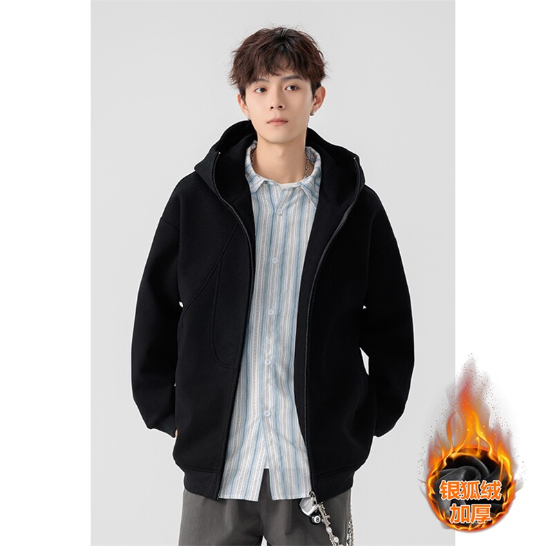 重磅450g华棉拼接连帽宽松银狐绒卫衣外套男W5088J加绒特P70控128，男装卫衣，电商A001-1