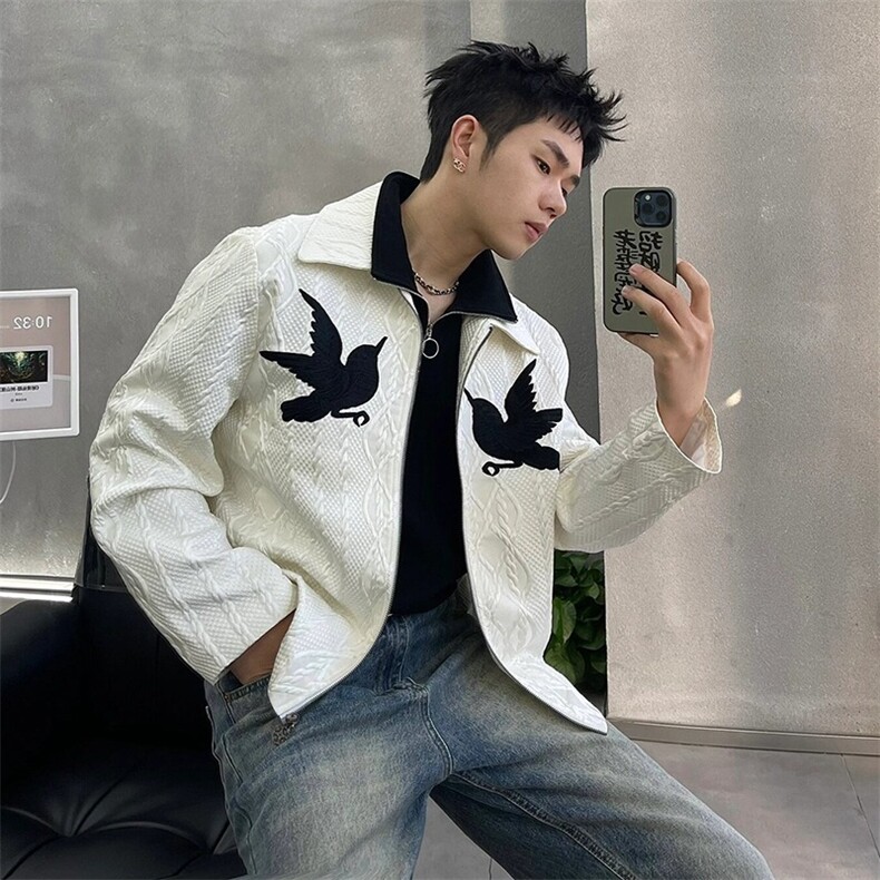 现货玄鸟刺绣提花拉链翻领白色夹克男款欧美潮牌宽松百搭休闲外套图片