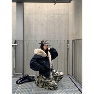 现货重磅boxy短款棉衣座山雕大毛毛领男女棉服水洗工装厚外套图片