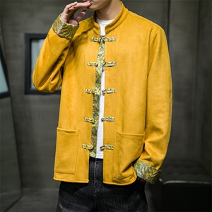 唐装男潮复古风长袖麂皮绒拼接立领夹克盘扣外套 M702/P100图片