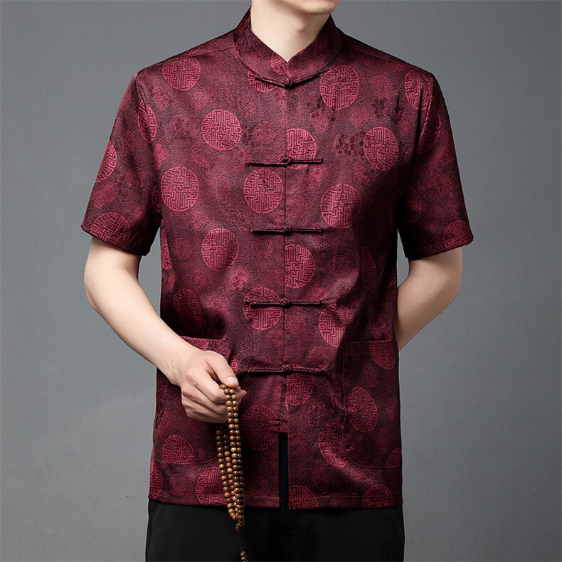 高端香云纱唐装男中老年夏季短袖衬衫风爸爸装T恤，男装民族服装，钱塘723
