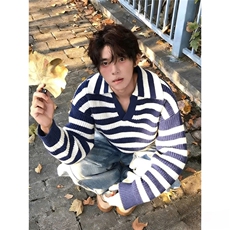 领海军蓝老钱松弛感条纹毛衣男针织衫，男装针织衫/毛衣，四季星座505