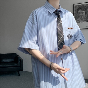 （带领带）CS1132-特P48 控78 夏新大码刺绣短袖条纹衬衫男学院风图片
