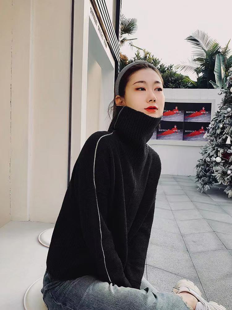 高翻领针织衫女气质慵懒风毛衣宽松厚针织,针织衫/毛衣,半城羊绒