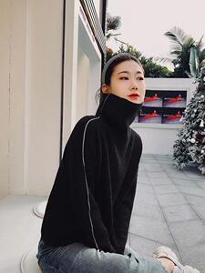 高翻领针织衫女气质慵懒风毛衣宽松厚针织图片