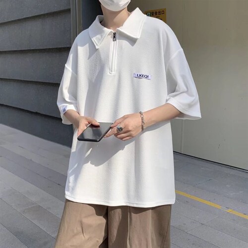 夏季半拉链 Polo衫男短袖翻领ins港风复古宽松休闲T恤T971-P30图片