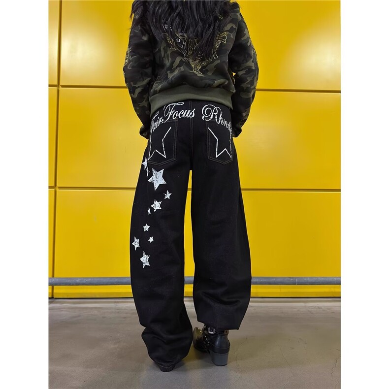 868-P48 美式复古星星水洗弯刀牛仔裤图片