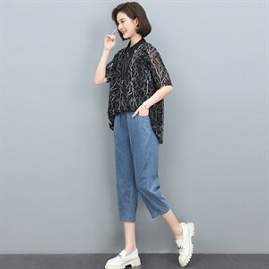 2022夏季新款文艺时尚印花牛仔套装 显瘦修身气质女装两件套图片
