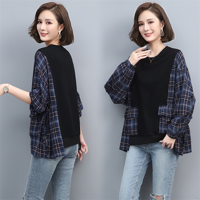 休闲拼接卫衣2021春季新款条纹拼色衬衣女图片