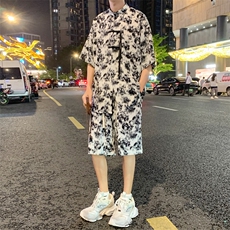 2025夏季新中式冰丝垂感花衬衣宽松休闲五分套装男TZ666-P58控78，男装休闲套装，电商C305A