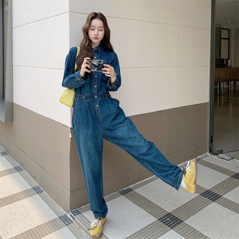 港风牛仔连体裤女2025长袖春秋新款高级时尚连身裤宽松工装连体裤,女装连体裤,2D076
