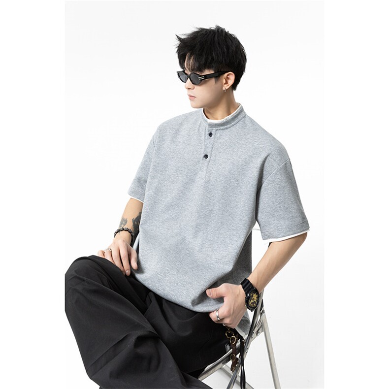 夏季新款港风日系简约假两件亨利领短袖T恤男XZ213-TX22-P35控58,男装T恤,星座213