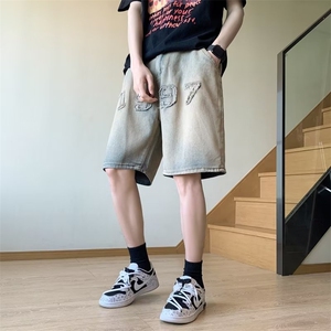美式复古刺绣牛仔短裤男夏季潮ins高街宽松直筒五分裤NW2106-P38图片
