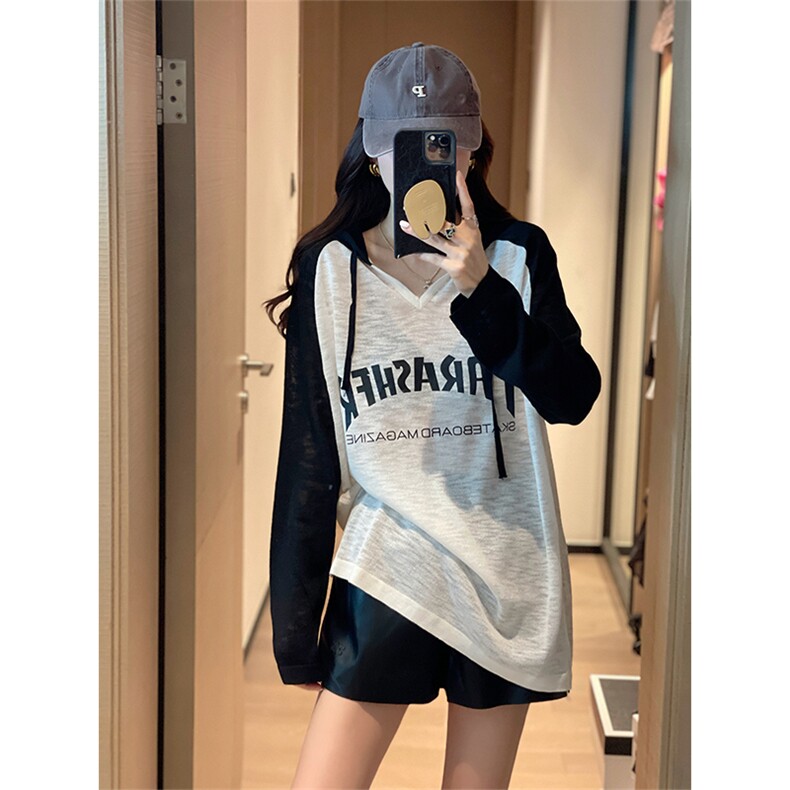插肩袖V领拼色针织衫字母T恤女2022年早秋新款韩版简约百搭上衣,针织衫/毛衣,辉之琳