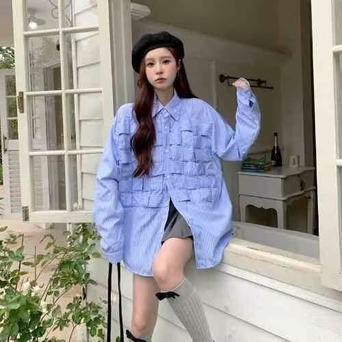 2025设计感小众编织条纹衬衣男女春秋季潮流百搭休闲外套,男装衬衫,四季星座505