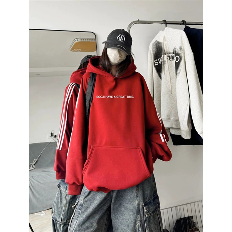 抖音得物品质480克全棉加绒织带连帽印花卫衣三条杠针织卫衣A0401,男装卫衣,电商A443