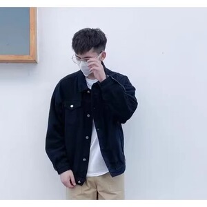 秋冬黑色牛仔外套男韩版宽松痞帅覆古工装夹克衫时尚翻领休闲图片