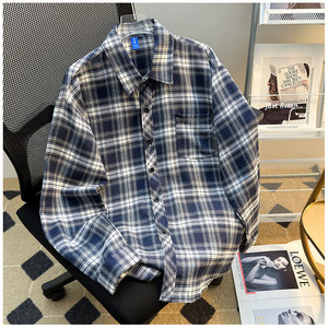 格纹口袋翻领磨毛衬衫高级感复古做旧风长袖衬衣SC237 P28图片