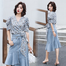 碎花半身裙牛仔套装女夏季2021新款女装韩版时尚网红两件套套裙潮，女装套装/套裙，瑶迪依秀