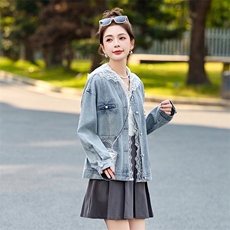 蕾丝拼接连帽牛仔外套女2025早春新款韩版设计感宽松百搭爆款上衣，女装短外套，韩然一族