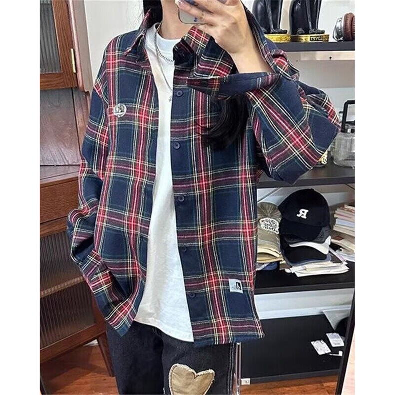 春秋新款复古格纹长袖衬衫男美式情侣衬衣情侣装外套 C390图片