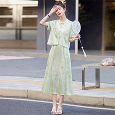 2024夏季新款竹子叶提花缎松紧腰真口袋新中式套装两件套裙女士潮，女装套装/套裙，新依时派