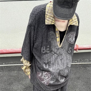 大码坑条v领长袖打底针织衫新款别致褶皱修身显瘦上衣NWY116图片